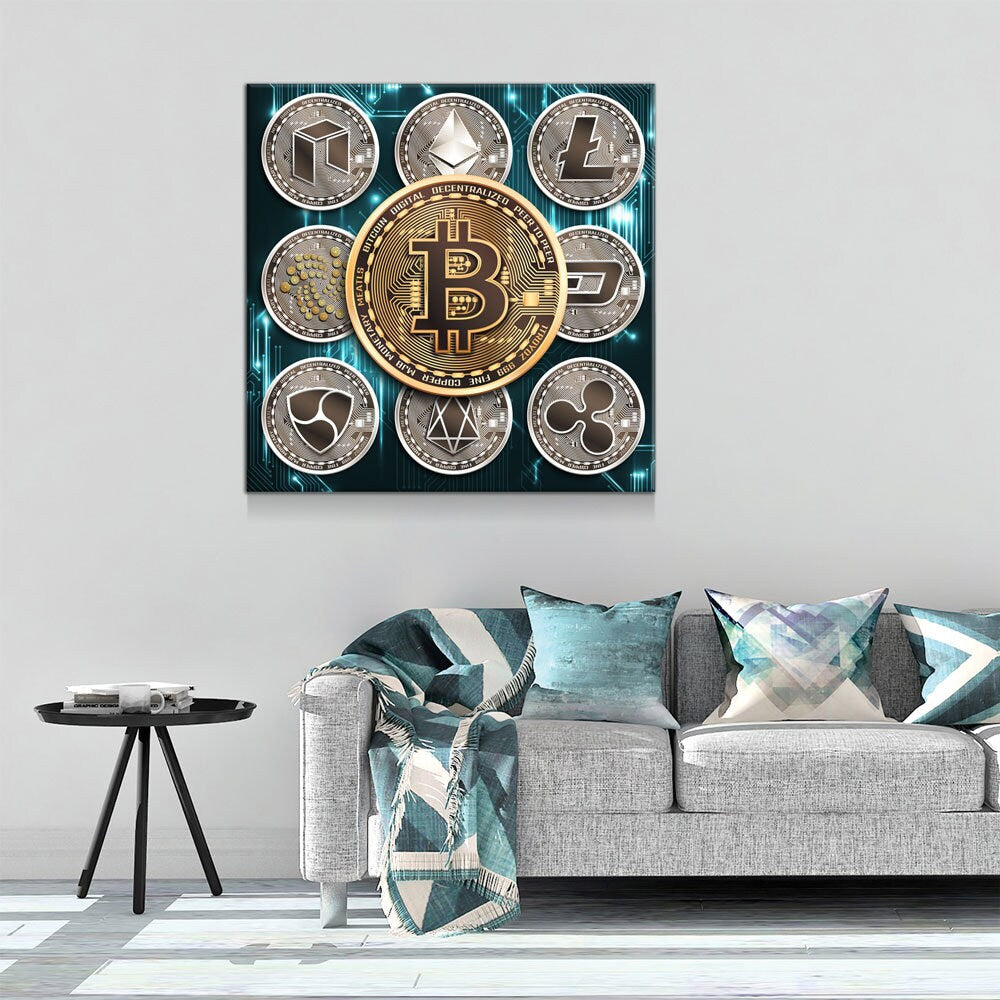 Cryptocurrency Canvas Wall Art, Crypto Decor, Bitcoin Canvas, Litecoin, Ethereum, Neo Coin, Dash, EOS, NEM, IOTA, Ripple