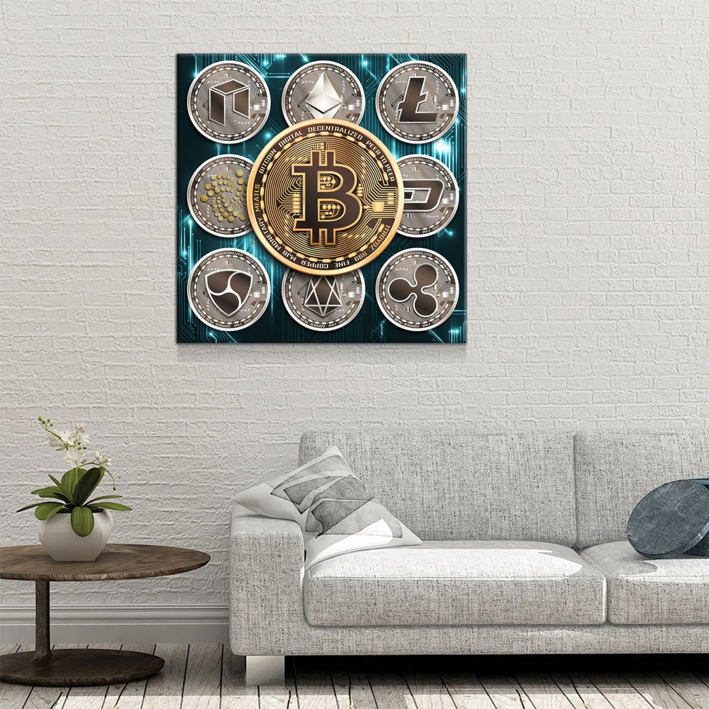 Cryptocurrency Canvas Wall Art, Crypto Decor, Bitcoin Canvas, Litecoin, Ethereum, Neo Coin, Dash, EOS, NEM, IOTA, Ripple