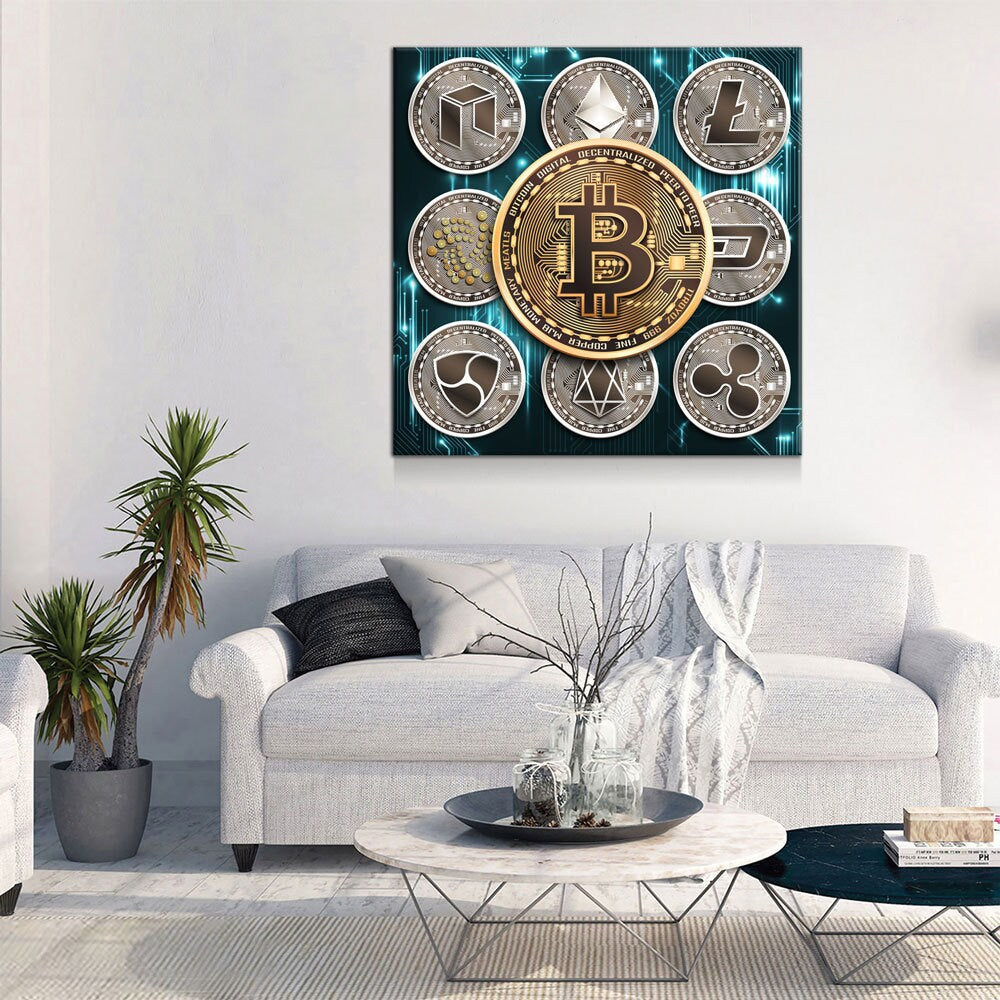 Cryptocurrency Canvas Wall Art, Crypto Decor, Bitcoin Canvas, Litecoin, Ethereum, Neo Coin, Dash, EOS, NEM, IOTA, Ripple