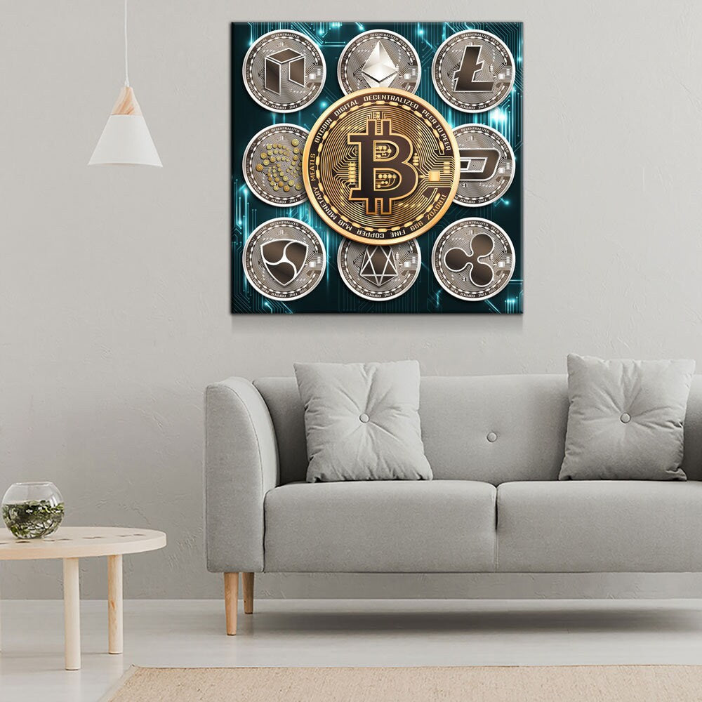 Cryptocurrency Canvas Wall Art, Crypto Decor, Bitcoin Canvas, Litecoin, Ethereum, Neo Coin, Dash, EOS, NEM, IOTA, Ripple