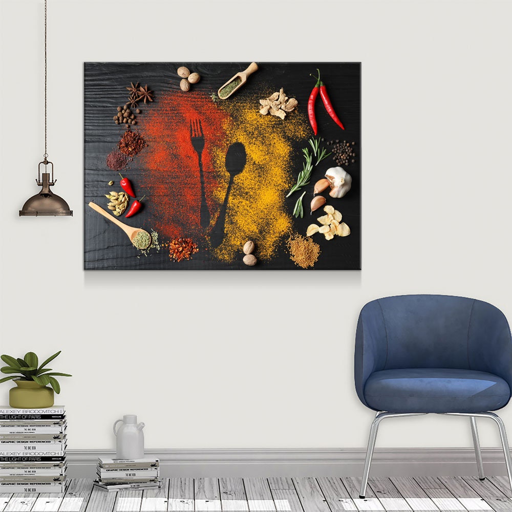Kitchen Herbs & Spices Canvas Wall Art, Kitchen Decor, Restaurant Decor, Housewarming gift, Dining Room Art, Kitchen Art, Spices, Spoons