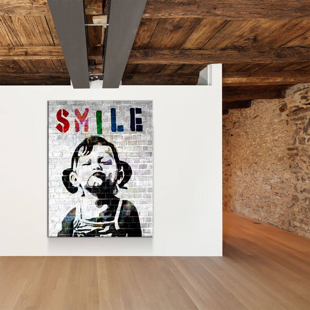 Smile Canvas Wall Art, Banksy Style Smile, Abstract Decor, Smile Girl Graffiti Canvas