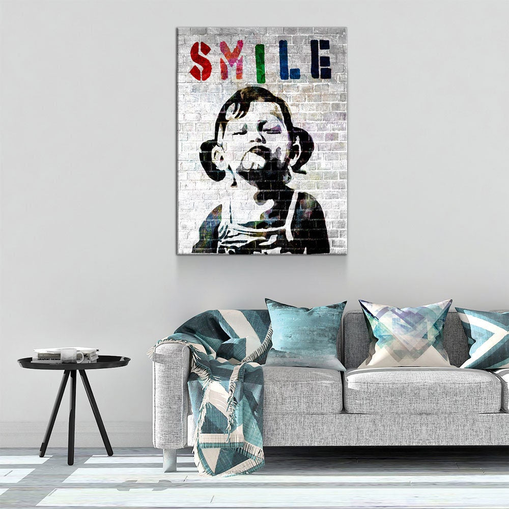 Smile Canvas Wall Art, Banksy Style Smile, Abstract Decor, Smile Girl Graffiti Canvas