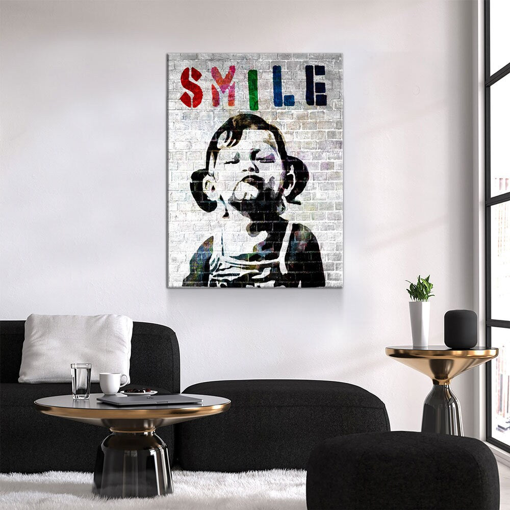 Smile Canvas Wall Art, Banksy Style Smile, Abstract Decor, Smile Girl Graffiti Canvas