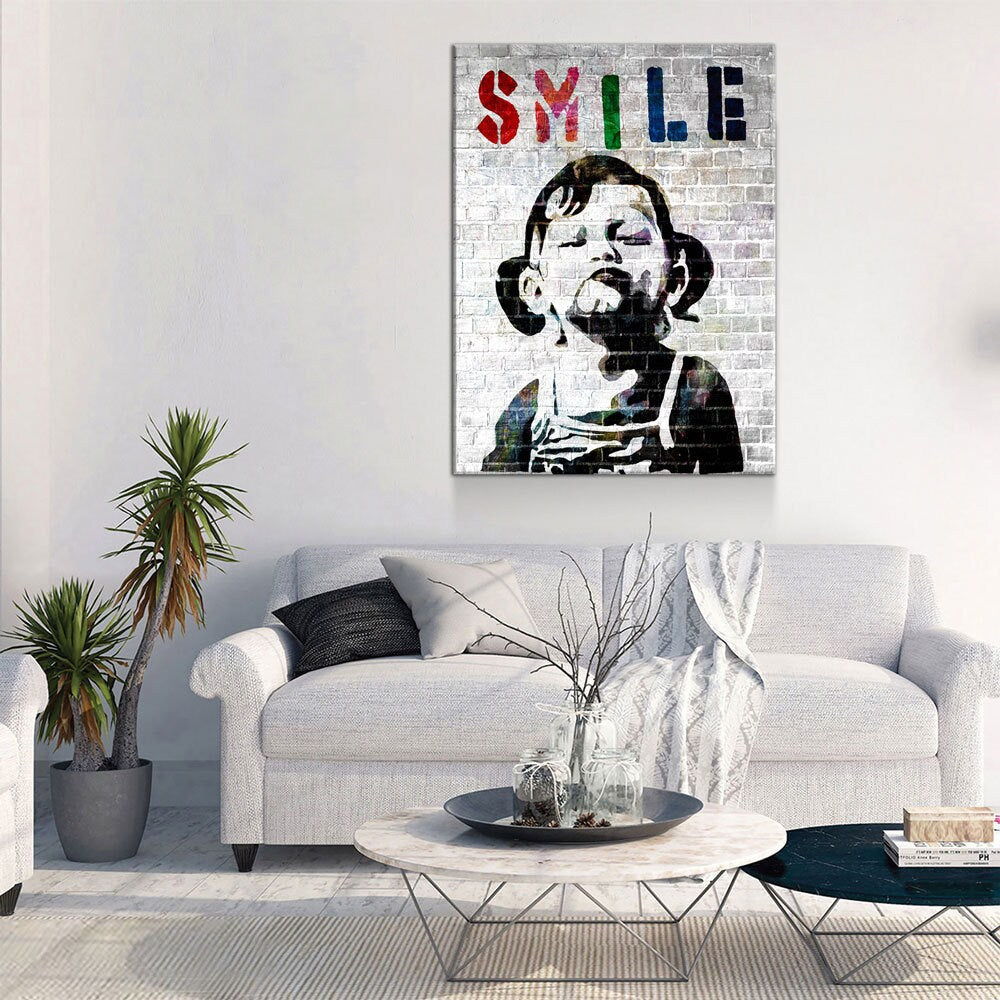 Smile Canvas Wall Art, Banksy Style Smile, Abstract Decor, Smile Girl Graffiti Canvas