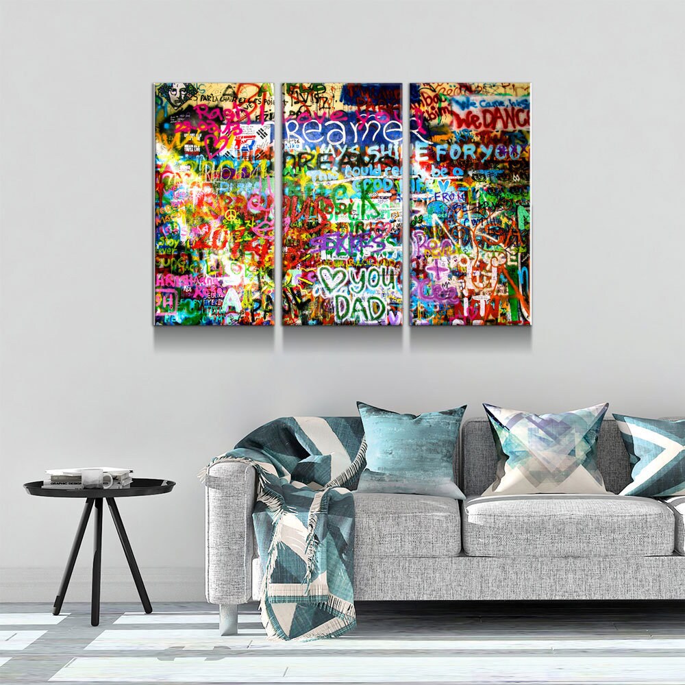 Lennon Dreamer Canvas Wall Art, Lennon Wall, Abstract Art, 3 Piece Wall Art Set, Lennon Wall Prague, Graffiti Wall