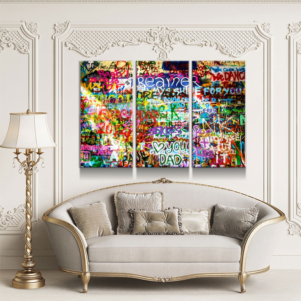 Lennon Dreamer Canvas Wall Art, Lennon Wall, Abstract Art, 3 Piece Wall Art Set, Lennon Wall Prague, Graffiti Wall