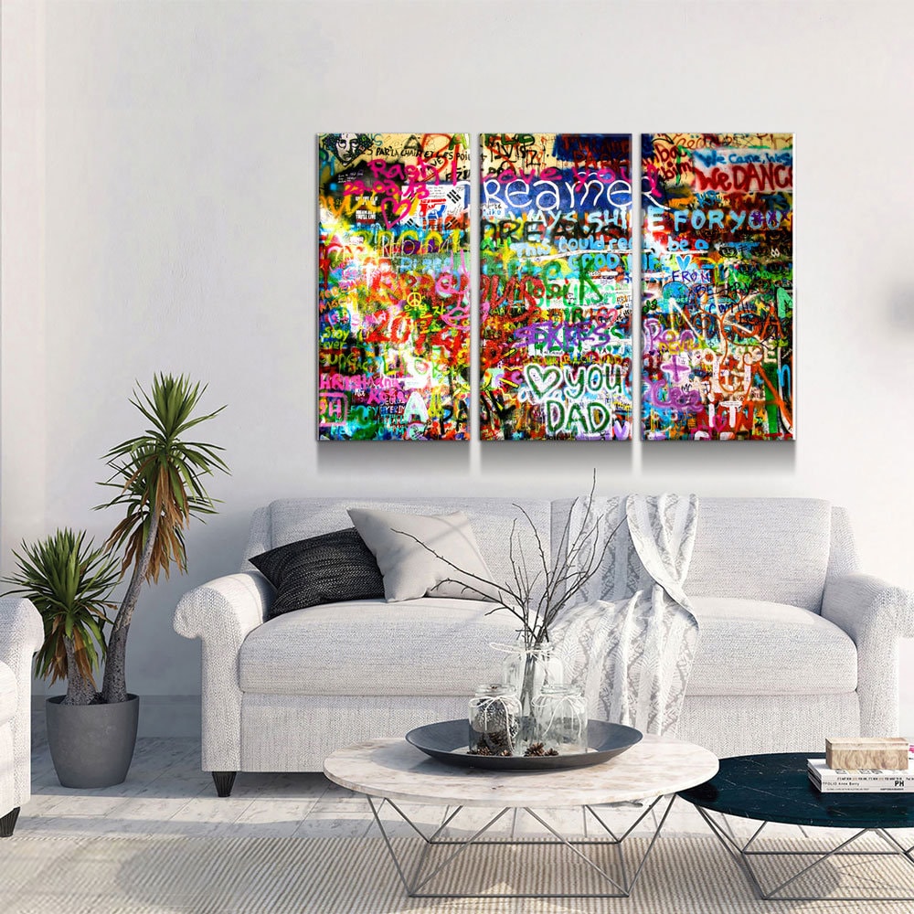 Lennon Dreamer Canvas Wall Art, Lennon Wall, Abstract Art, 3 Piece Wall Art Set, Lennon Wall Prague, Graffiti Wall