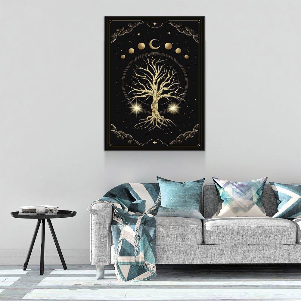 Magical Sacred Tree Canvas Wall Art, Moon Phase Art, Celestial, Esoteric, Boho Style Art, Astrology, Tarot Reader Canvas