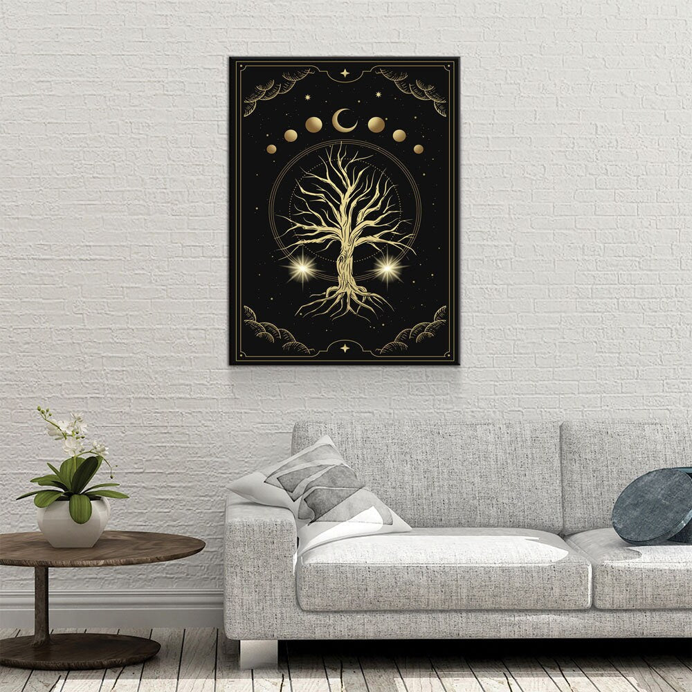 Magical Sacred Tree Canvas Wall Art, Moon Phase Art, Celestial, Esoteric, Boho Style Art, Astrology, Tarot Reader Canvas