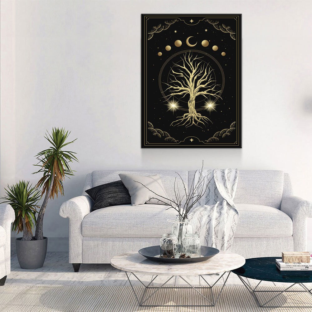 Magical Sacred Tree Canvas Wall Art, Moon Phase Art, Celestial, Esoteric, Boho Style Art, Astrology, Tarot Reader Canvas