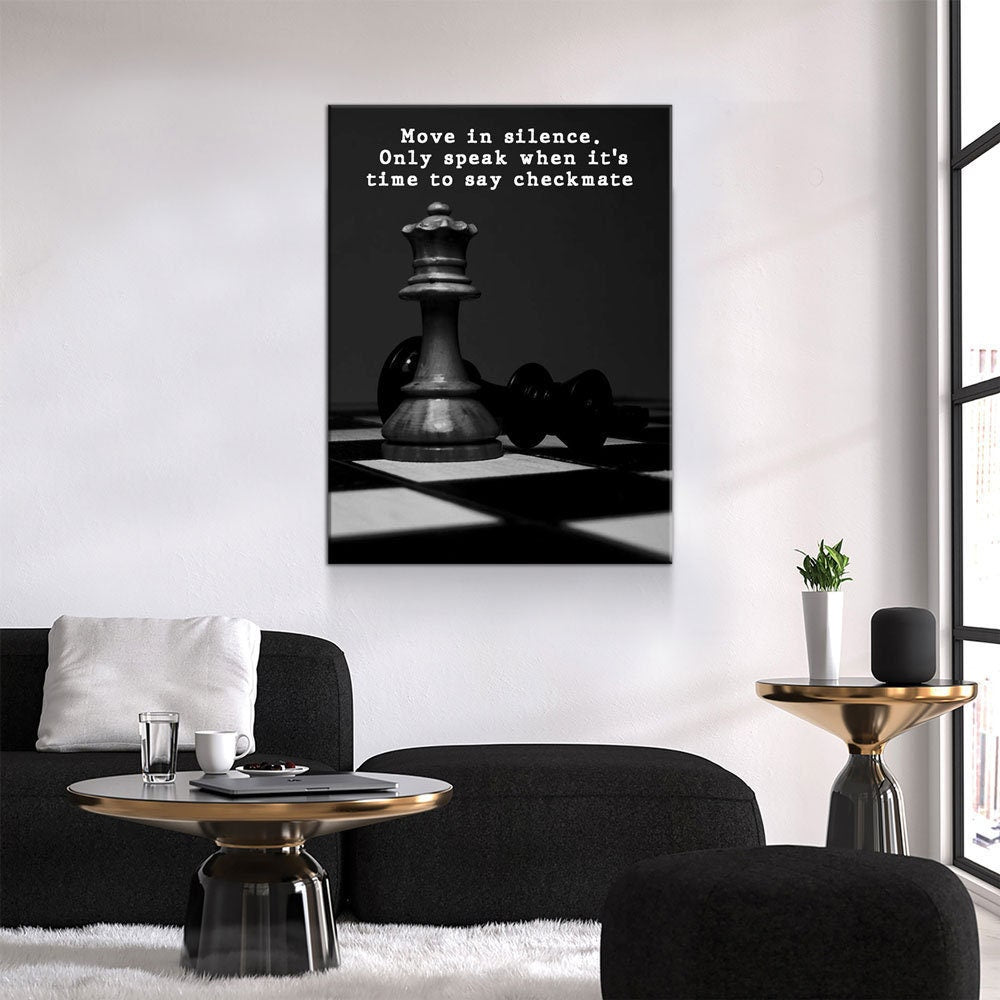 Move In Silence Only Speak When It's Time To Say Checkmate Canvas Wall Art, Chess Decor, Motivational Quote, Office Decor, Inspirational