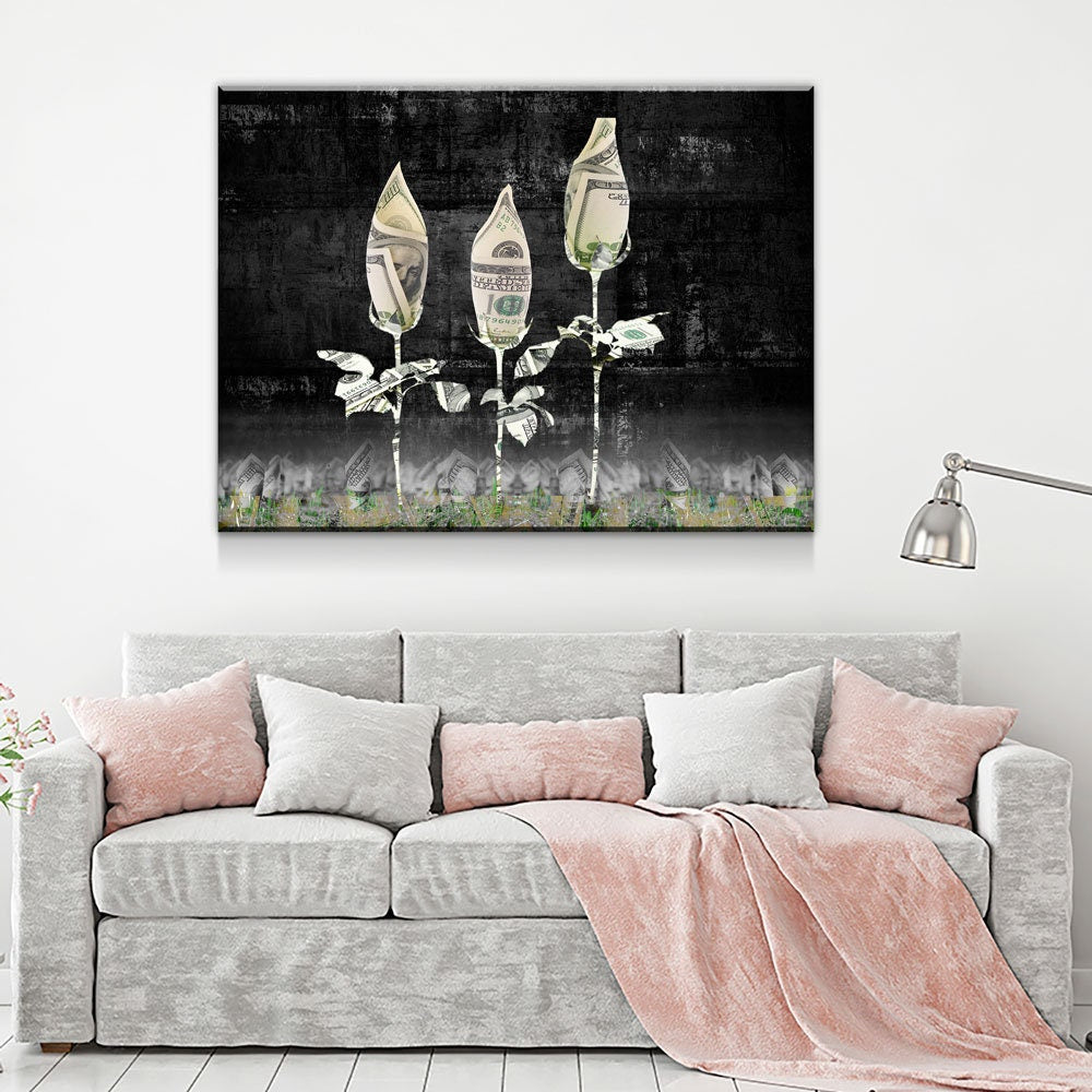 Money Roses Canvas Wall Art, Abstract Decor, Inspirational Decor, Office Decor, Money Rose Garden, Money Art