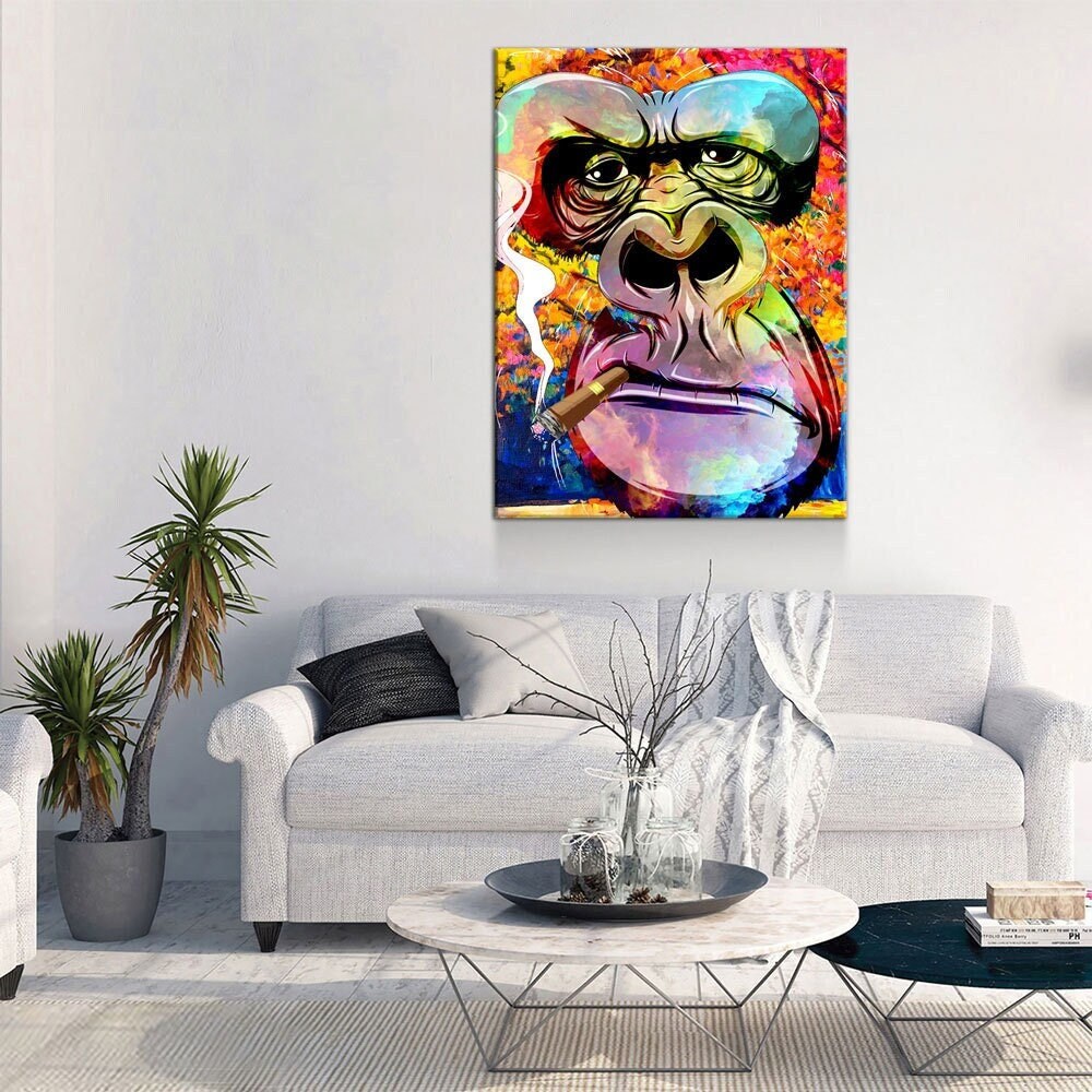 Gorilla Smoking Canvas Wall Art, Abstract Gorilla Art, Smoking Gorilla, Animal Print, Gorilla Smoking Cigar