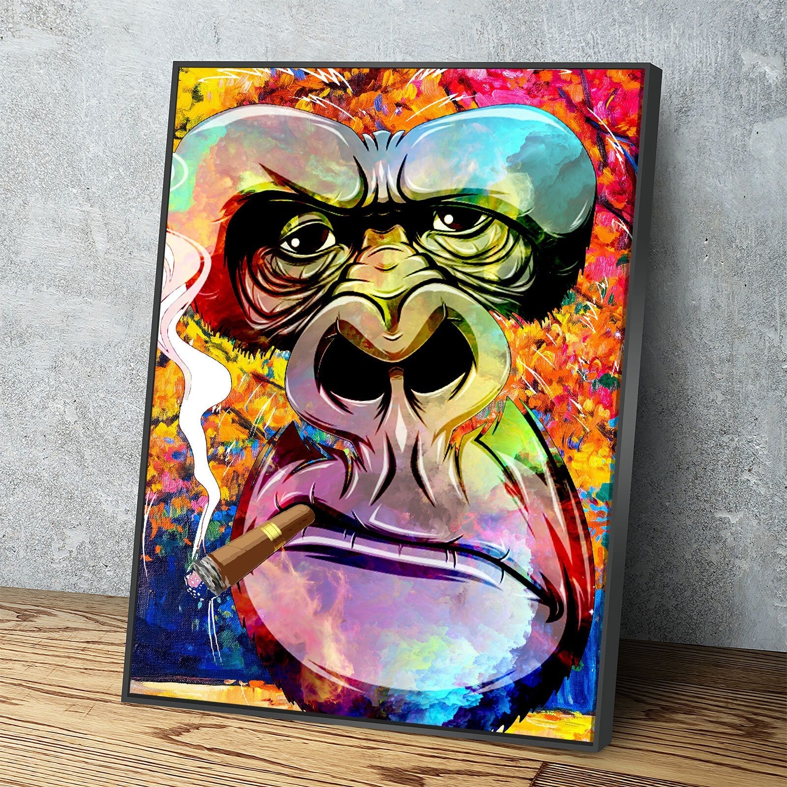 Gorilla Smoking Canvas Wall Art, Abstract Gorilla Art, Smoking Gorilla, Animal Print, Gorilla Smoking Cigar