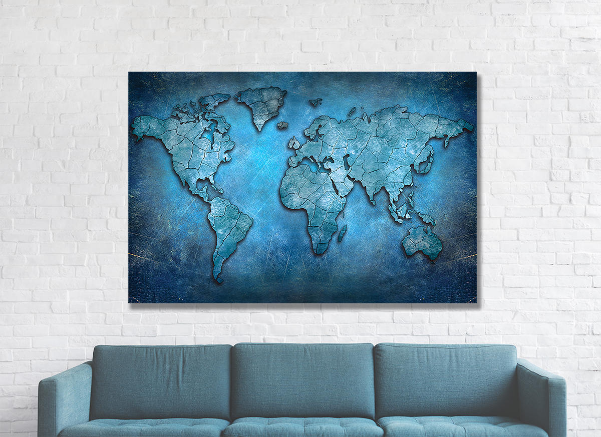 World Map Canvas, Blue Abstract World Map Canvas Wall Art, Earth Map, World Map