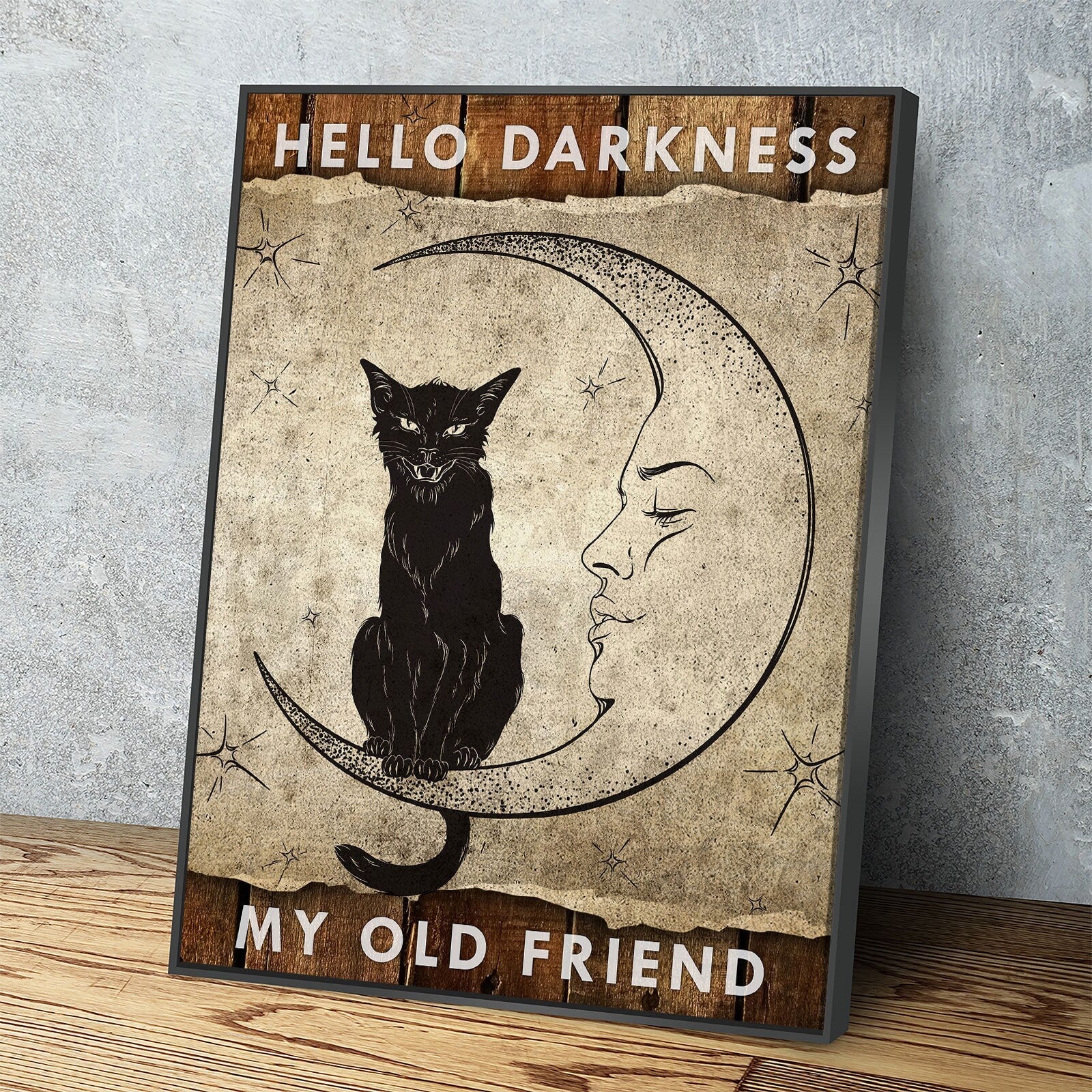 Hello Darkness My Old Friend Canvas Wall Art, Wiccan Decor, Wiccan Art, Black Cat, Wiccan Moon, Spiritual Decor