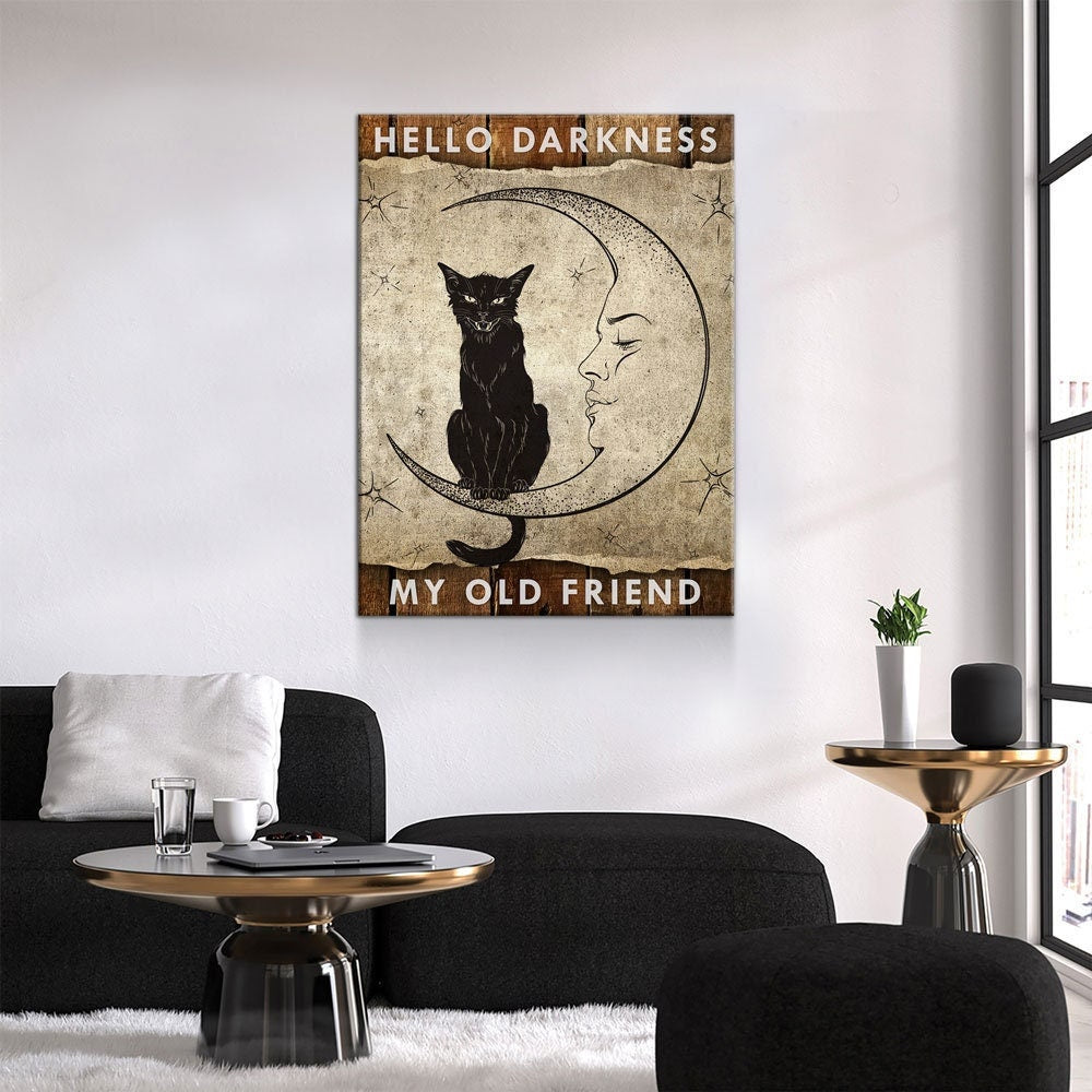 Hello Darkness My Old Friend Canvas Wall Art, Wiccan Decor, Wiccan Art, Black Cat, Wiccan Moon, Spiritual Decor