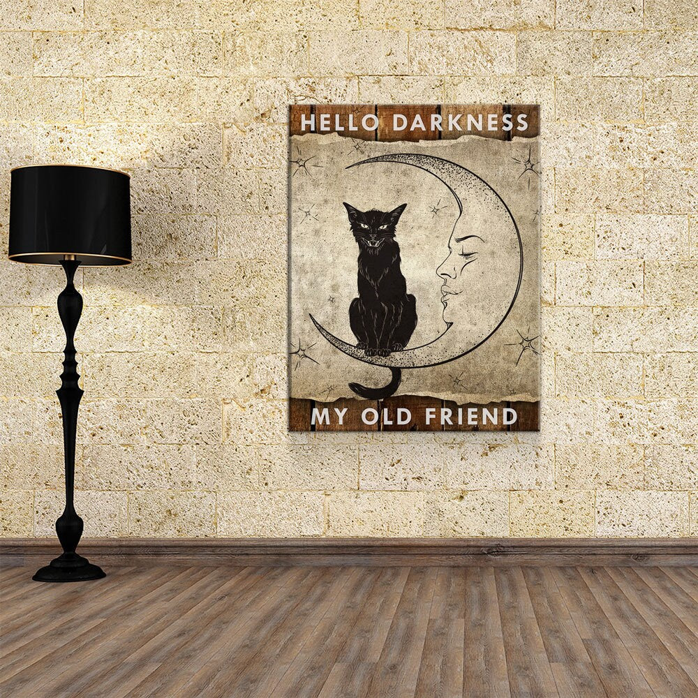 Hello Darkness My Old Friend Canvas Wall Art, Wiccan Decor, Wiccan Art, Black Cat, Wiccan Moon, Spiritual Decor