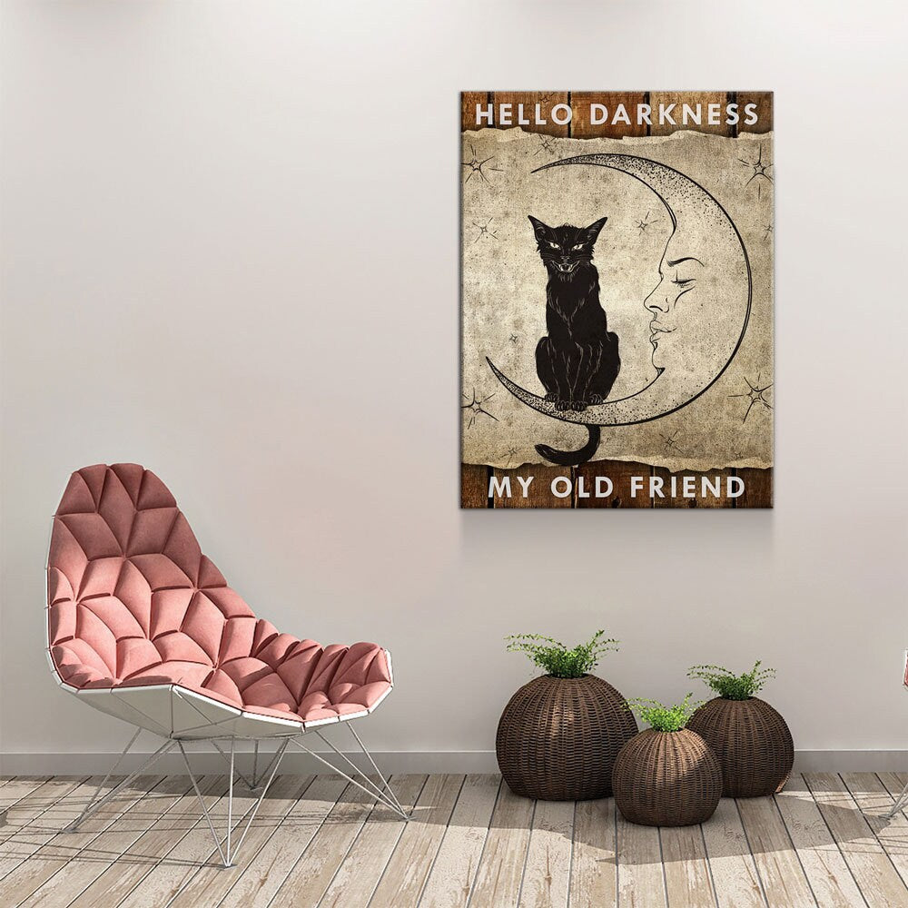 Hello Darkness My Old Friend Canvas Wall Art, Wiccan Decor, Wiccan Art, Black Cat, Wiccan Moon, Spiritual Decor