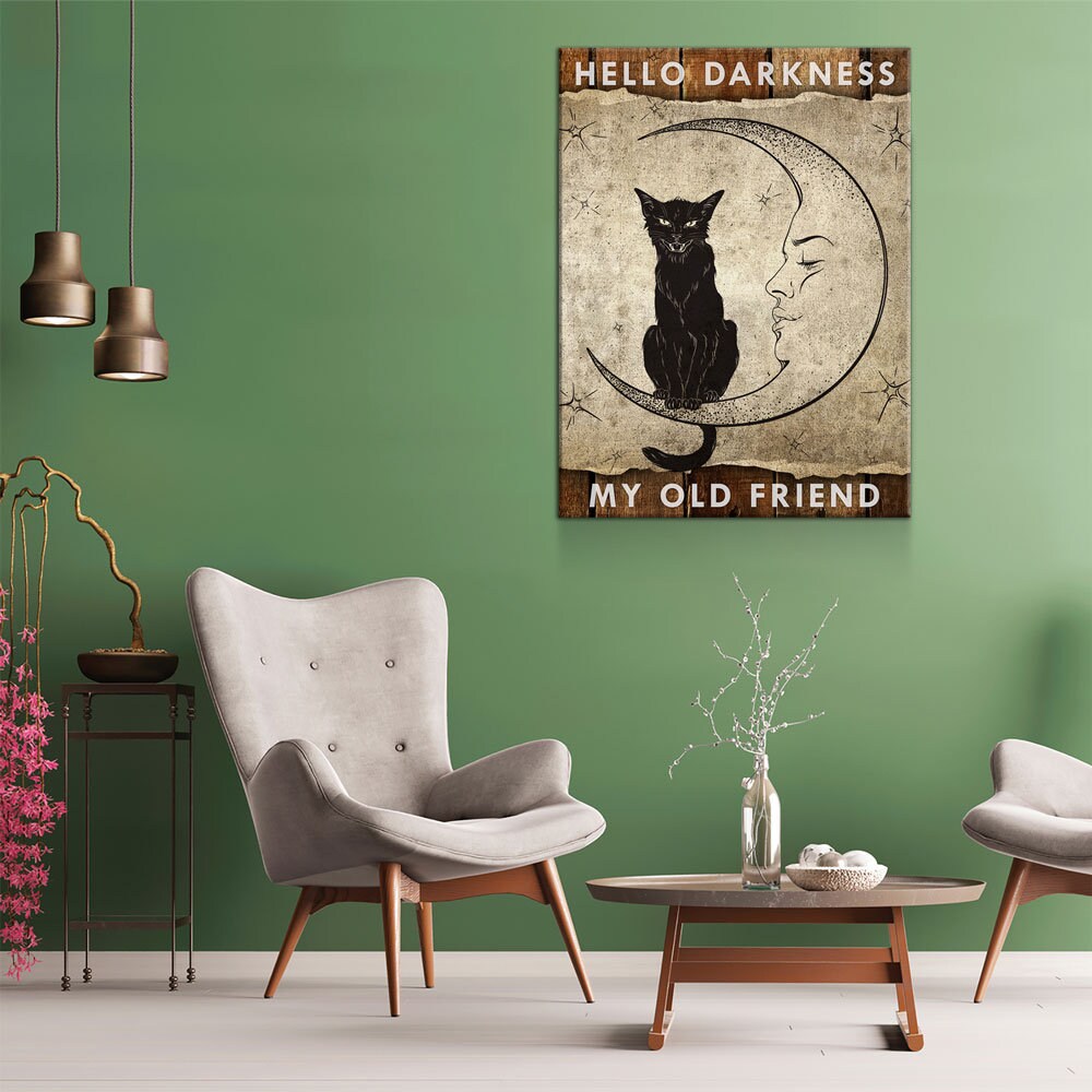 Hello Darkness My Old Friend Canvas Wall Art, Wiccan Decor, Wiccan Art, Black Cat, Wiccan Moon, Spiritual Decor