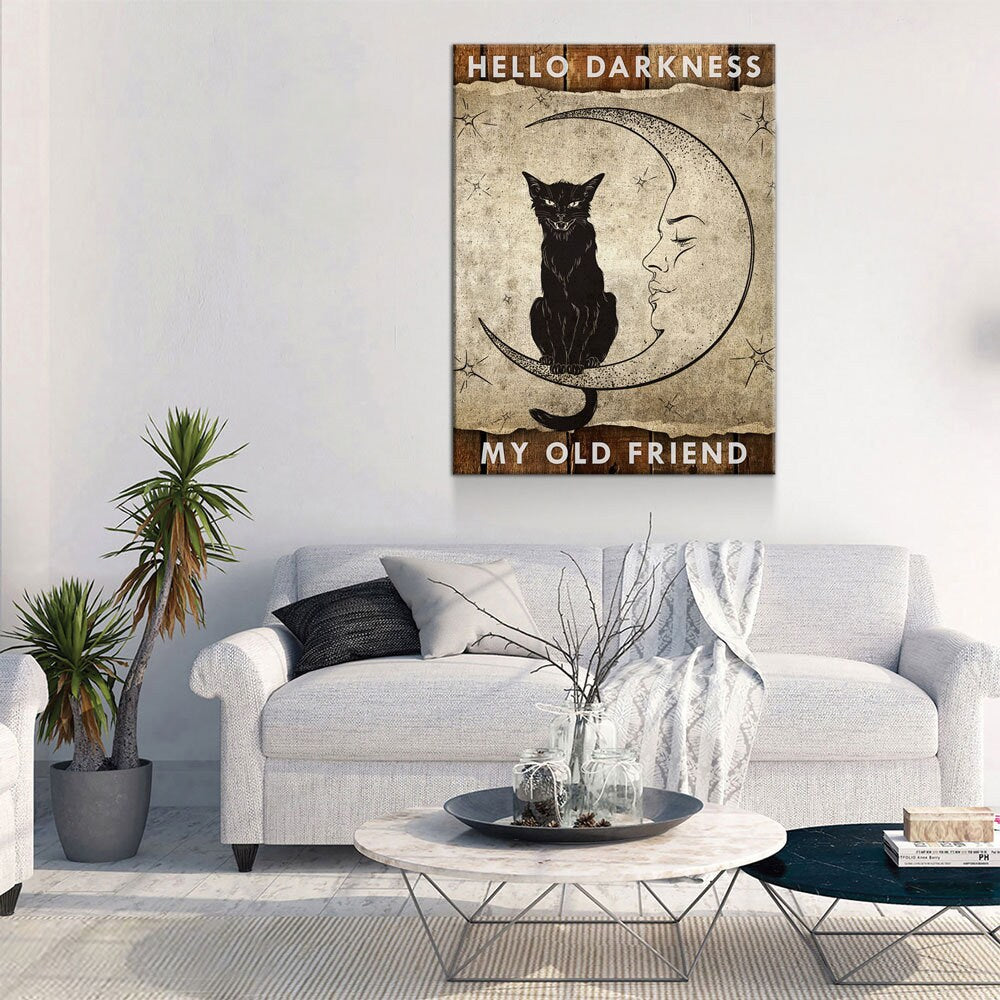Hello Darkness My Old Friend Canvas Wall Art, Wiccan Decor, Wiccan Art, Black Cat, Wiccan Moon, Spiritual Decor