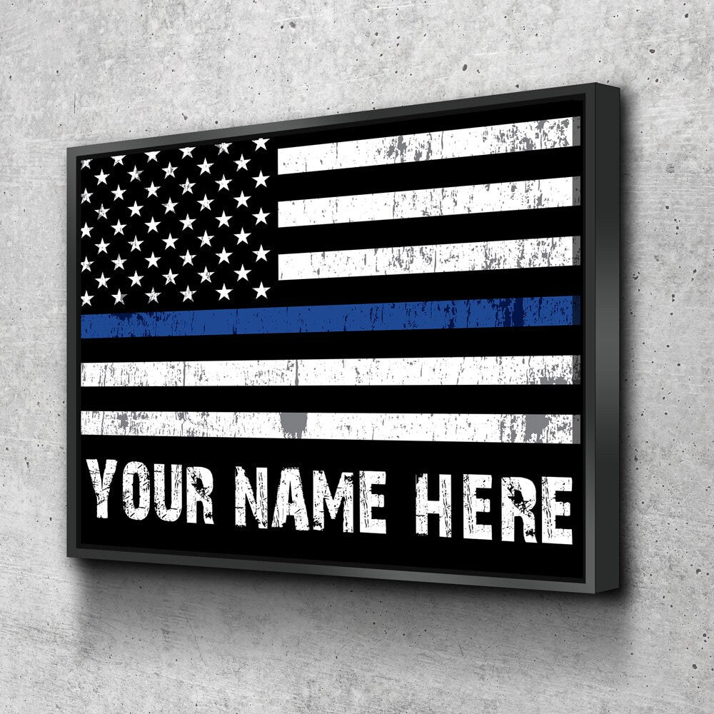 Personalized Thin Blue Line Flag Canvas Wall Art, Custom Wall Art Thin Blue Line, Police Officer Wall Art, LEO, Law Enforcement Officers