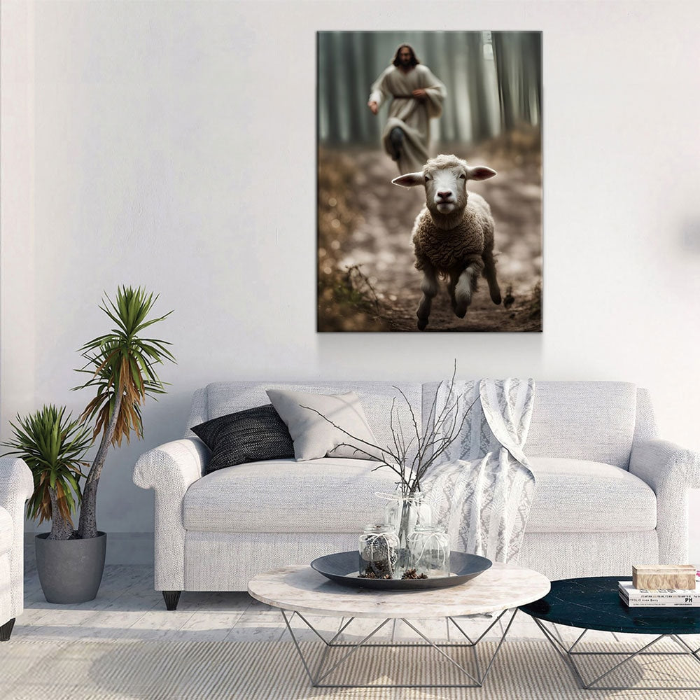Jesus Running After a Lost Lamb Canvas Wall Art,  Jesus Lamb of God Canvas, Jesus Home Decor, God Canvas Print, Jesus Canvas Wall Art