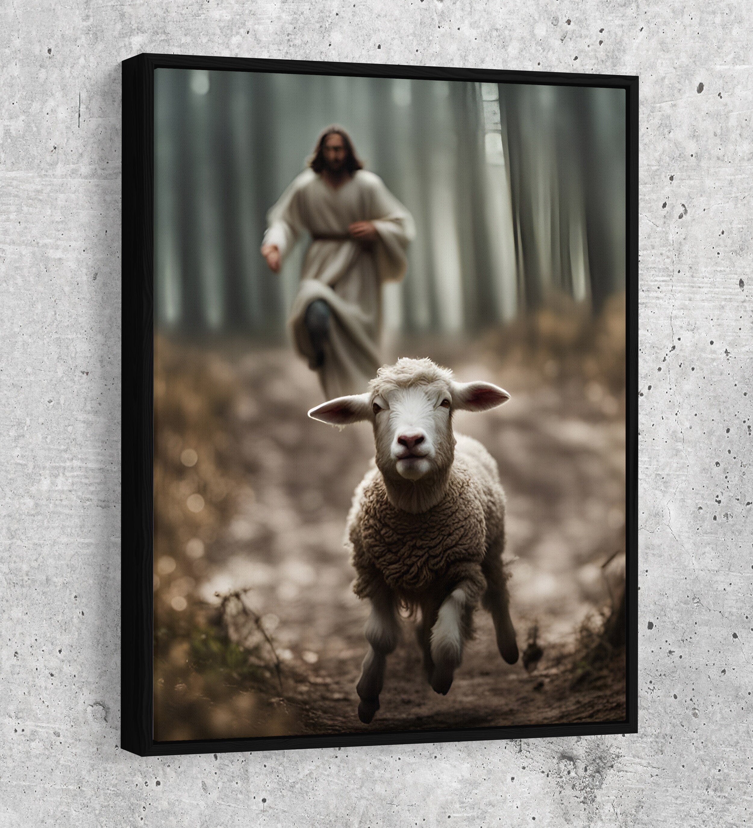 Jesus Running After a Lost Lamb Canvas Wall Art,  Jesus Lamb of God Canvas, Jesus Home Decor, God Canvas Print, Jesus Canvas Wall Art