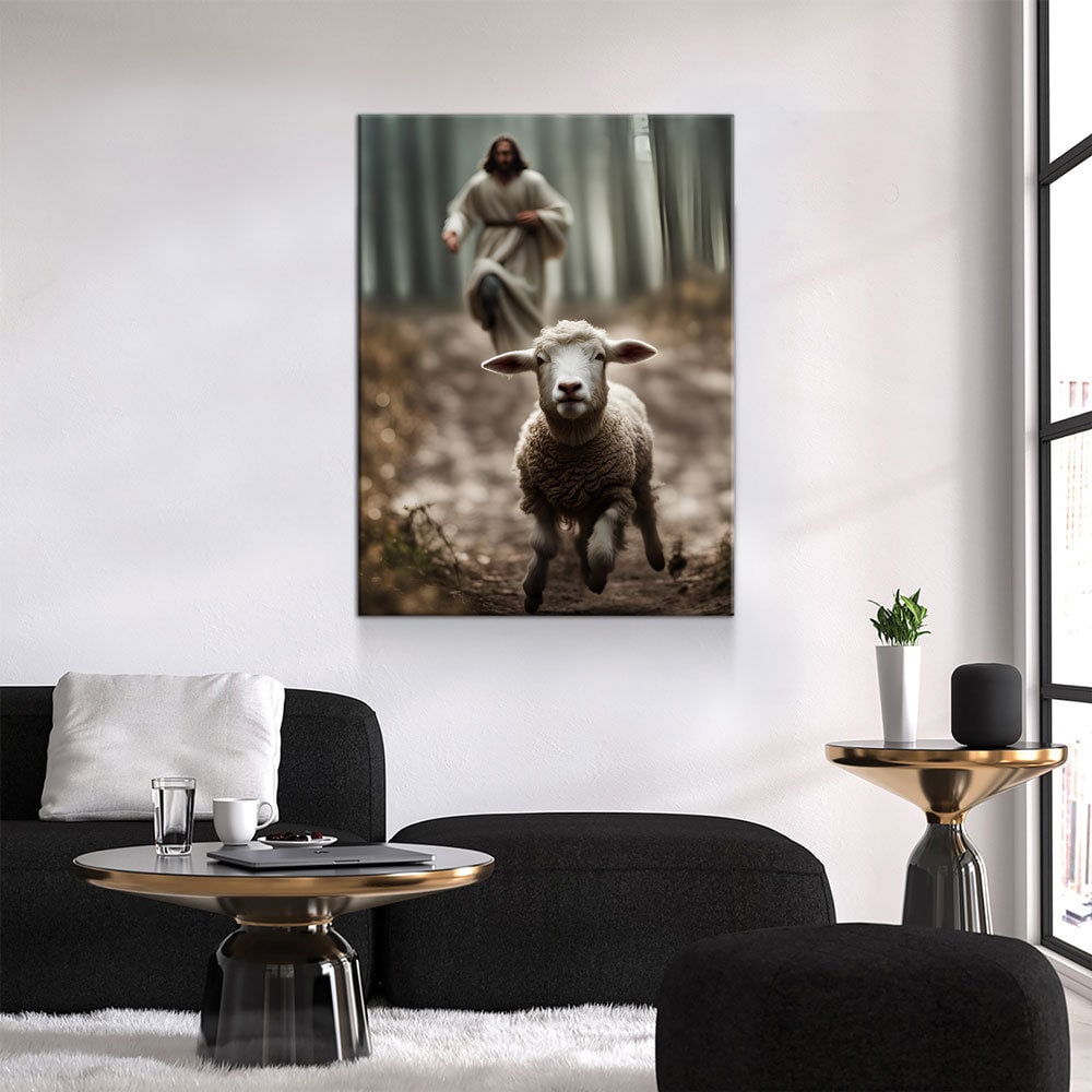 Jesus Running After a Lost Lamb Canvas Wall Art,  Jesus Lamb of God Canvas, Jesus Home Decor, God Canvas Print, Jesus Canvas Wall Art