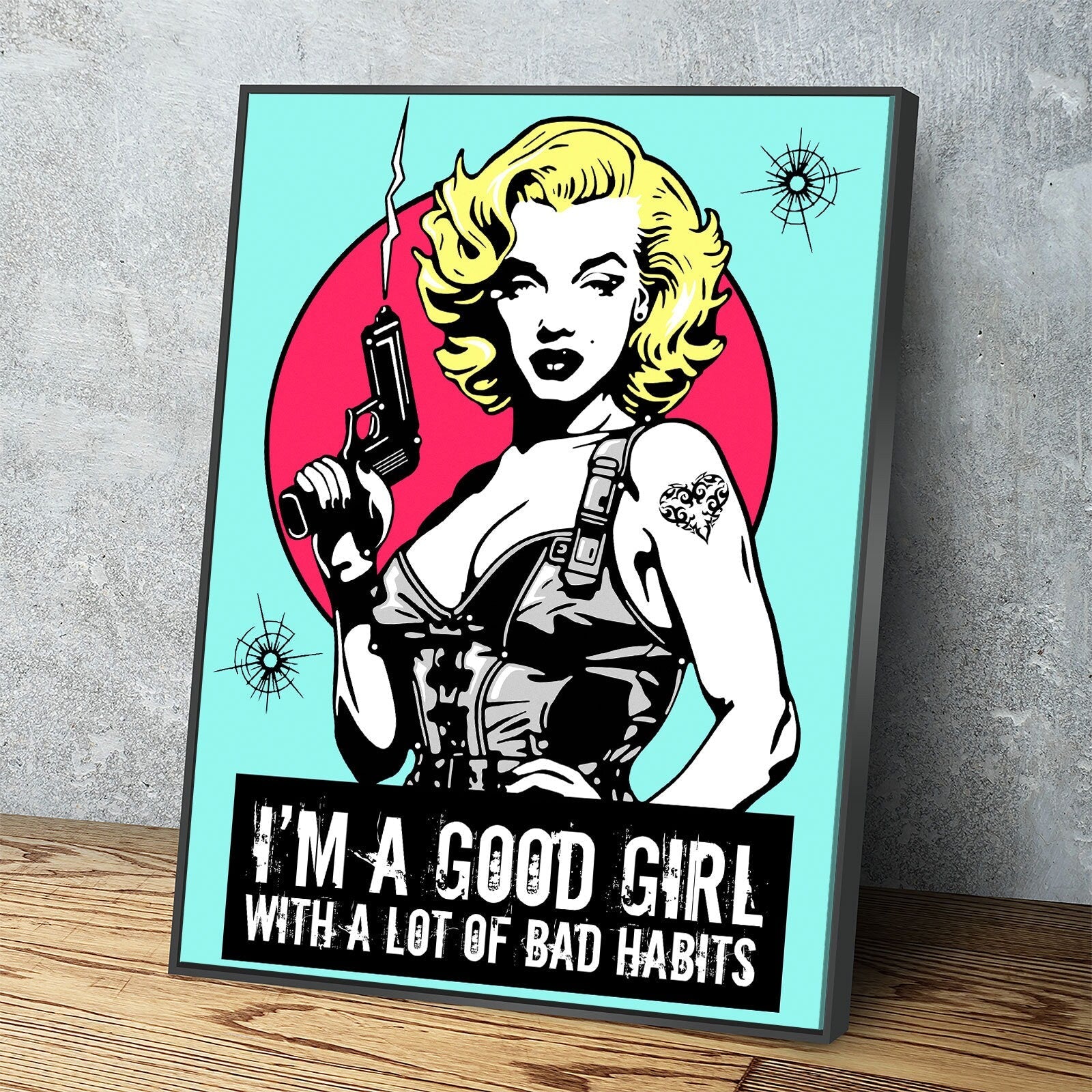 Marilyn Gangsta Canvas Wall Art, I'm A Good Girl With A Lot Of Bad Habits, Marilyn Monroe Comic Style Art, Marilyn Monroe Decor
