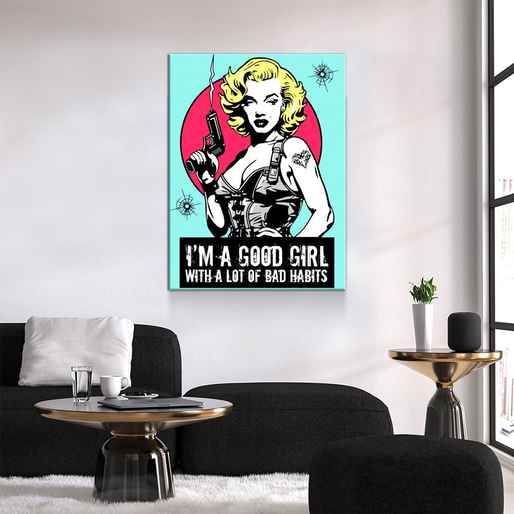 Marilyn Gangsta Canvas Wall Art, I'm A Good Girl With A Lot Of Bad Habits, Marilyn Monroe Comic Style Art, Marilyn Monroe Decor