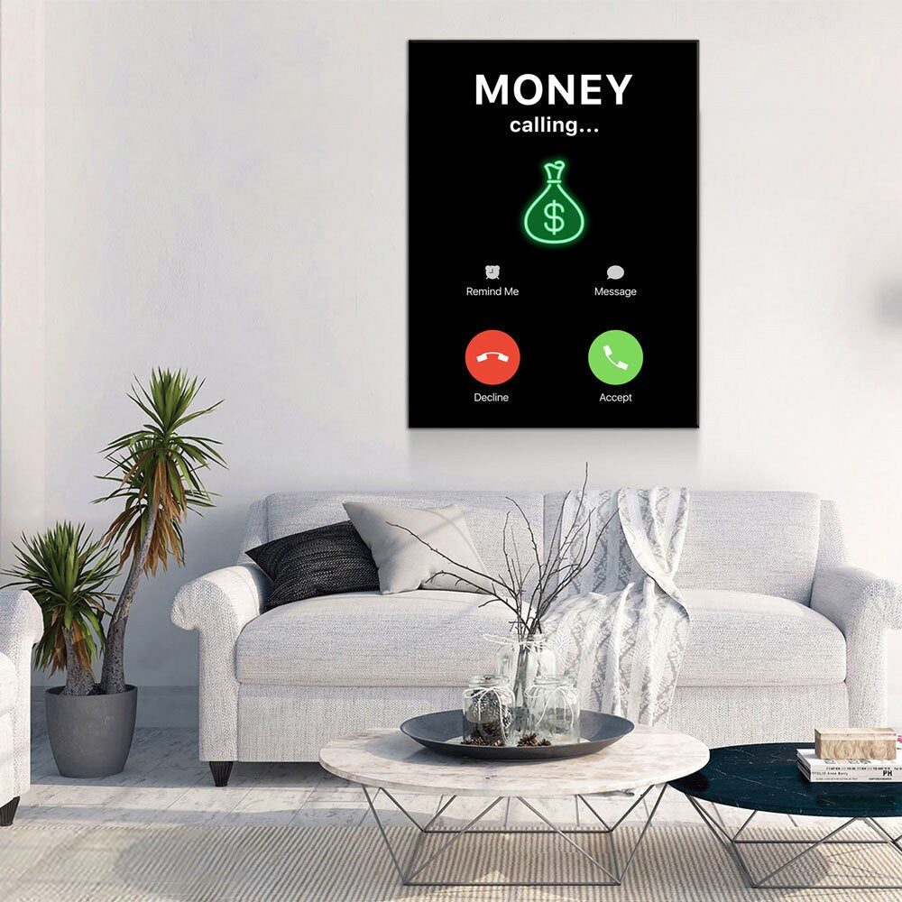 Money Calling Canvas Wall Art, Phone Screen Money Calling, Office Decor, Hustle Quote, Motivational Quote