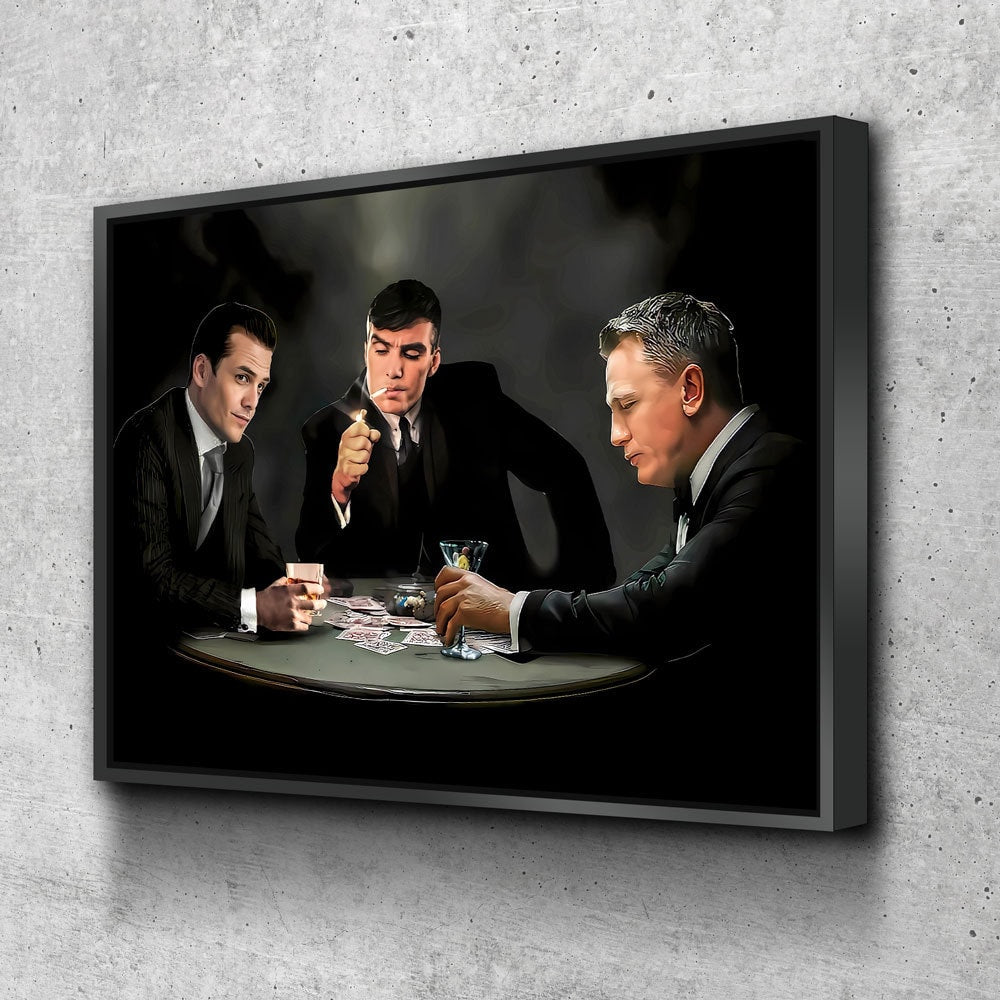 3 Legends Playing Poker Canvas Wall Art, Specter, Bond & Shelby Playing Cards