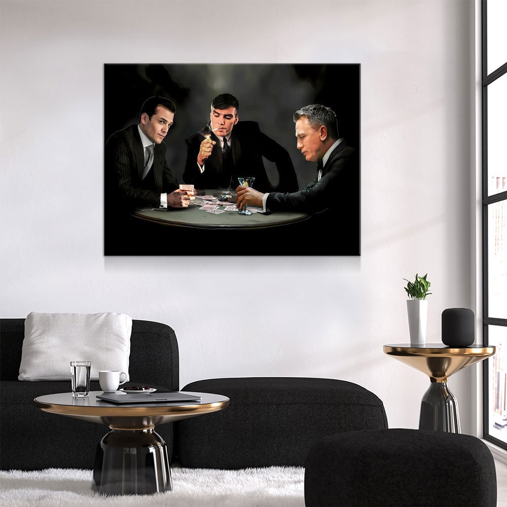 3 Legends Playing Poker Canvas Wall Art, Specter, Bond & Shelby Playing Cards