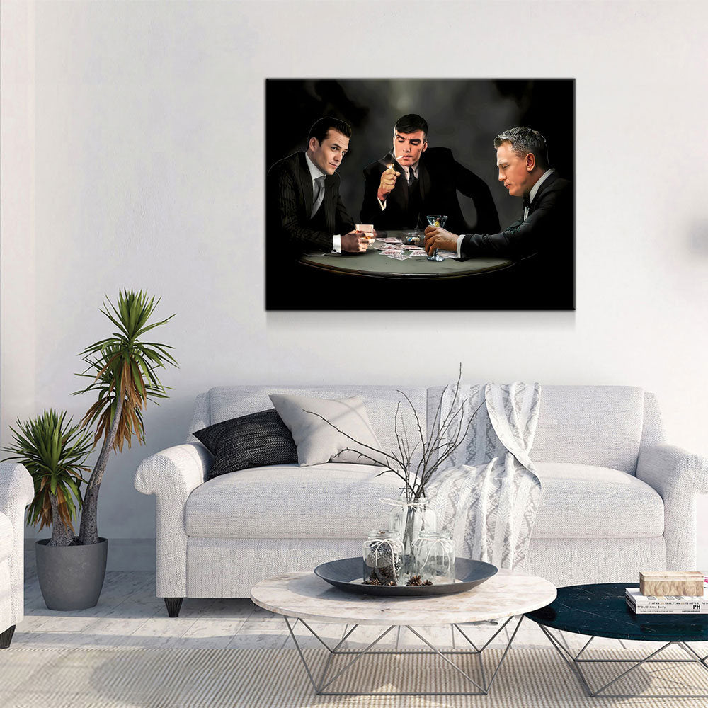 3 Legends Playing Poker Canvas Wall Art, Specter, Bond & Shelby Playing Cards