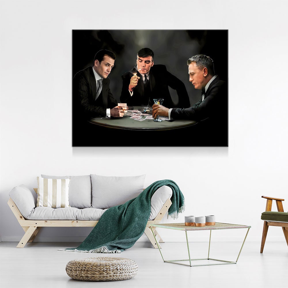 3 Legends Playing Poker Canvas Wall Art, Specter, Bond & Shelby Playing Cards