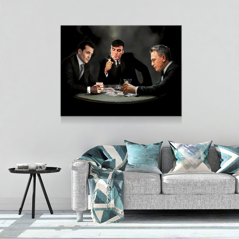 3 Legends Playing Poker Canvas Wall Art, Specter, Bond & Shelby Playing Cards