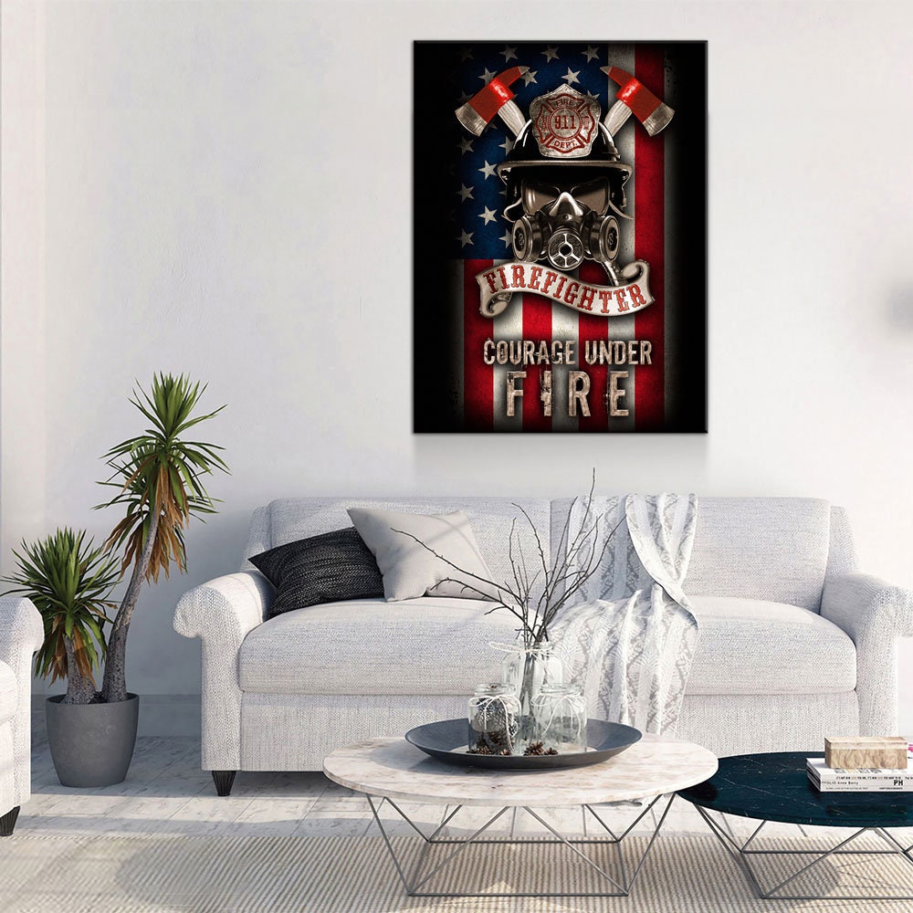 Firefighter Canvas Wall Art, Courage Under Fire Firefighter Decor, Thin Red Line Print, Firefighters Gift, Firehouse Art, Fire Station Decor