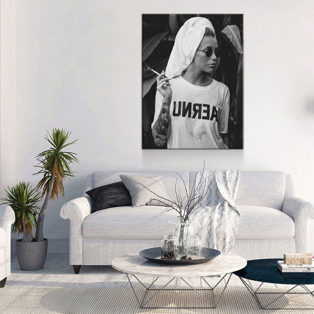 Feminist Attitude Canvas Wall Art, Woman Smoking Print, Black and White Female Print, Tattoo Unreal Print, Vintage Print, Fashion Art