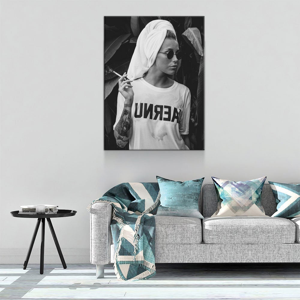 Feminist Attitude Canvas Wall Art, Woman Smoking Print, Black and White Female Print, Tattoo Unreal Print, Vintage Print, Fashion Art