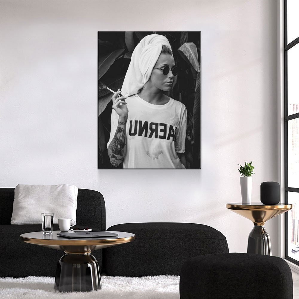 Feminist Attitude Canvas Wall Art, Woman Smoking Print, Black and White Female Print, Tattoo Unreal Print, Vintage Print, Fashion Art