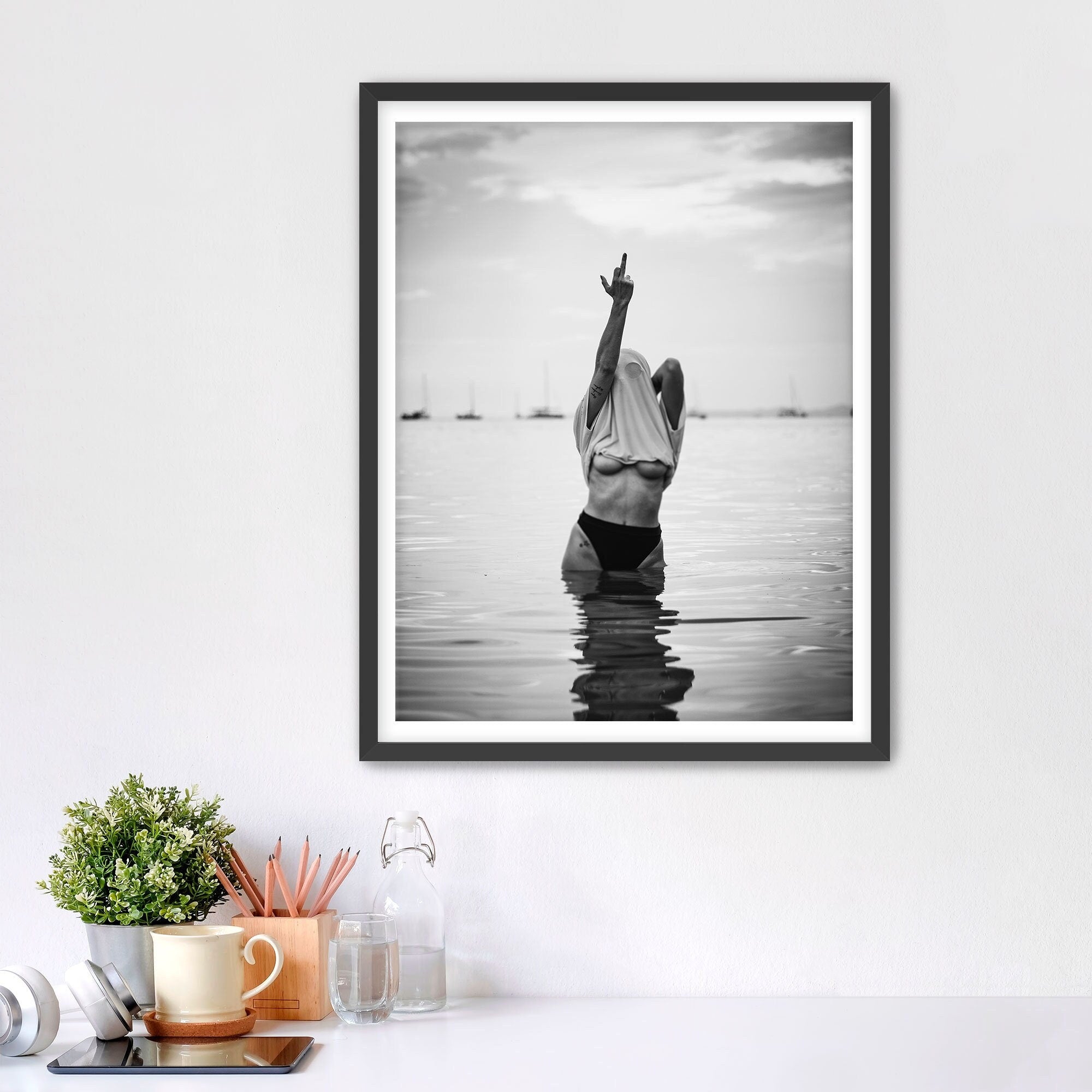 Woman Flip Off Framed Fine Art Print, Woman Middle Finger Print, Black & White Female Print