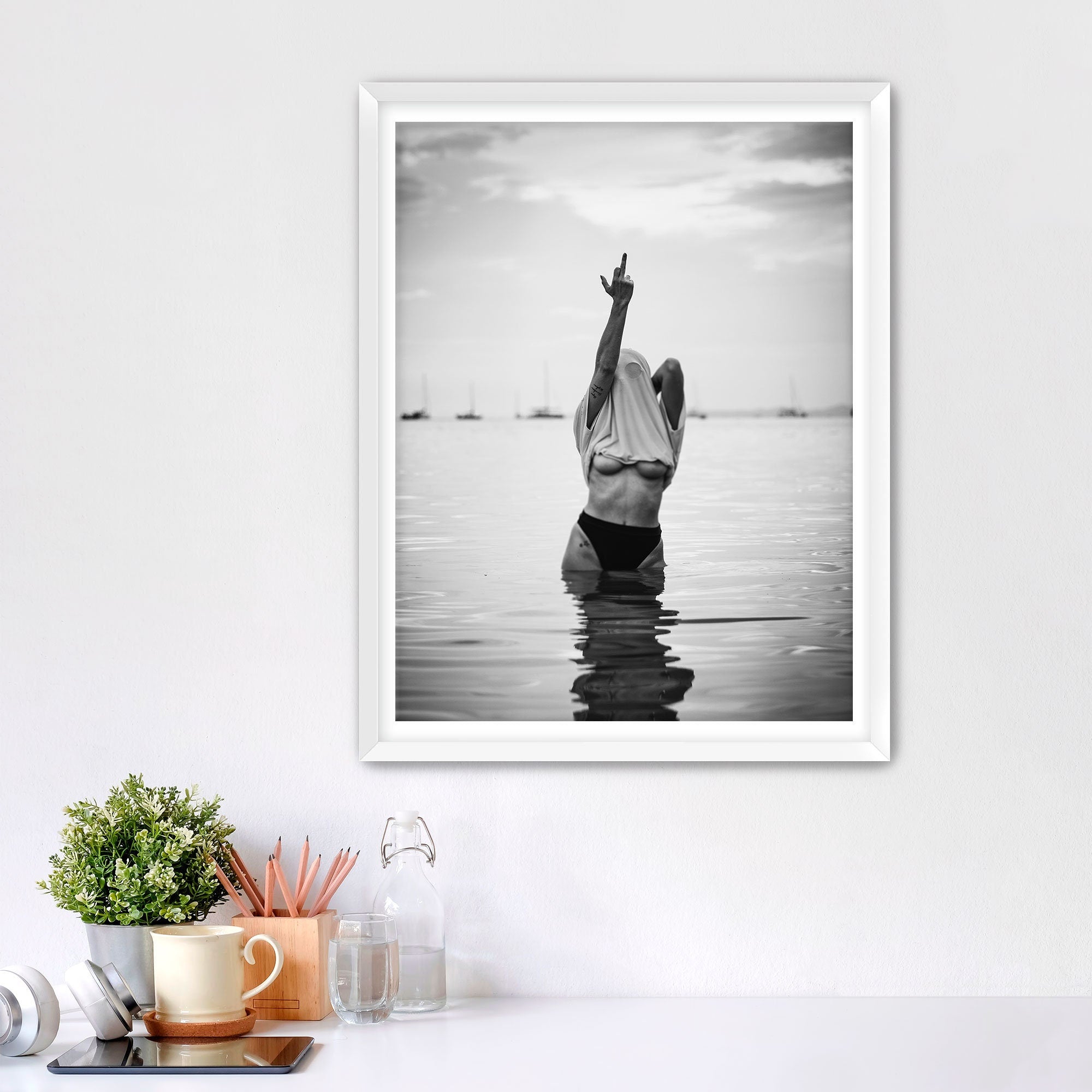 Woman Flip Off Framed Fine Art Print, Woman Middle Finger Print, Black & White Female Print