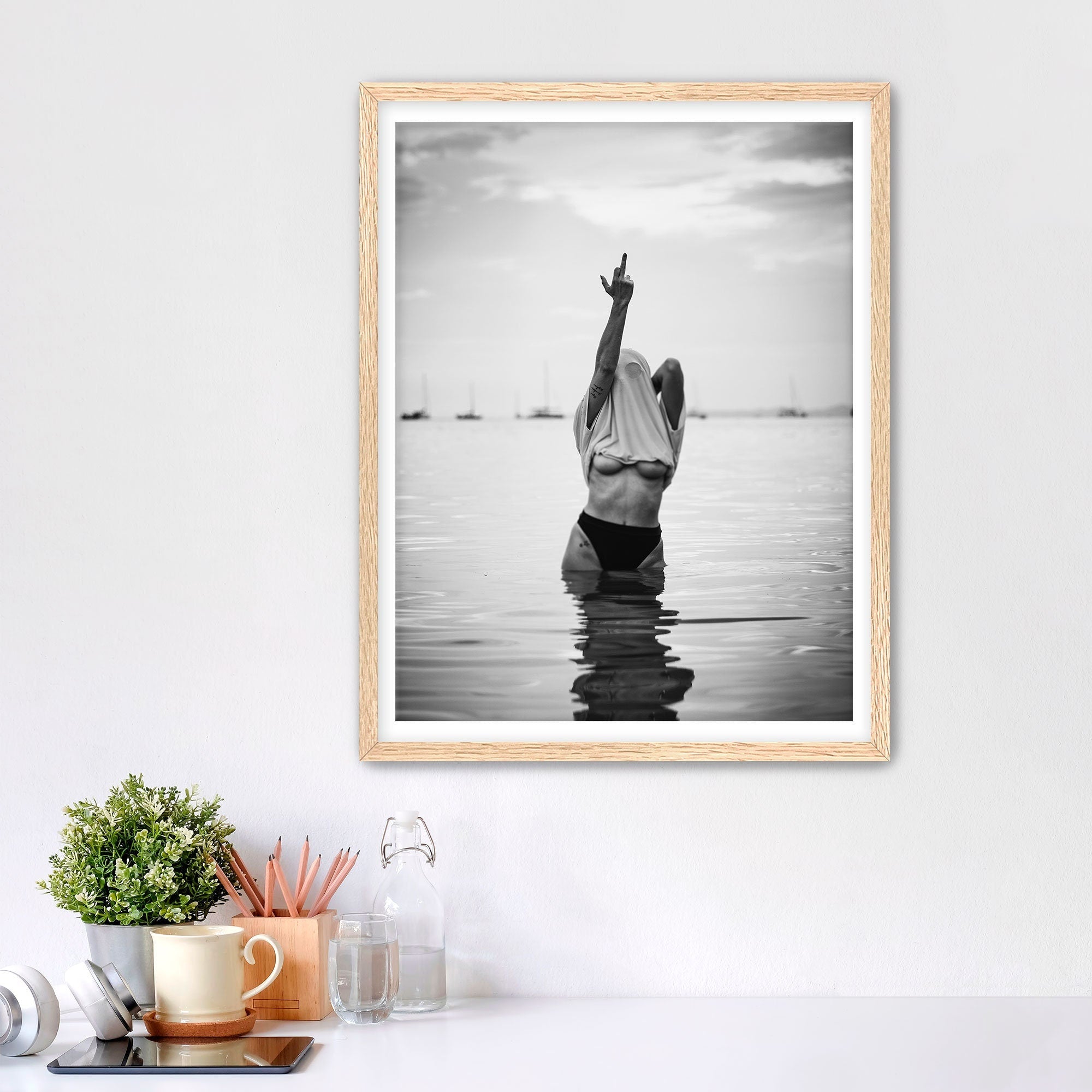 Woman Flip Off Framed Fine Art Print, Woman Middle Finger Print, Black & White Female Print