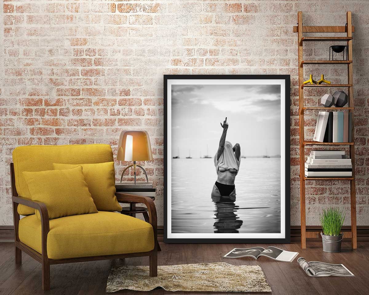 Woman Flip Off Framed Fine Art Print, Woman Middle Finger Print, Black & White Female Print