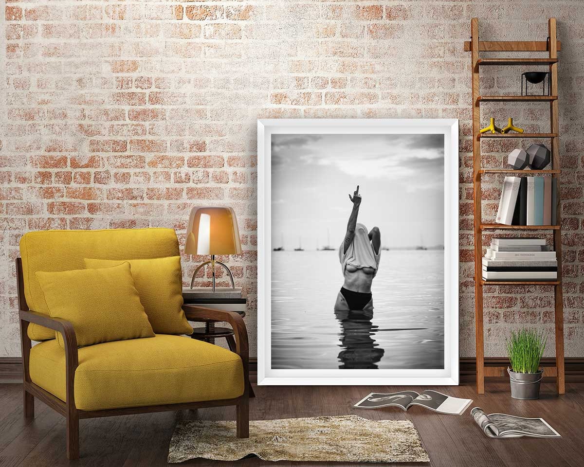 Woman Flip Off Framed Fine Art Print, Woman Middle Finger Print, Black & White Female Print