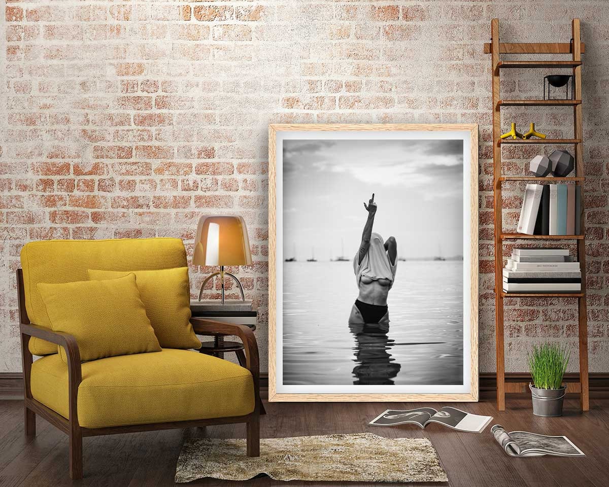 Woman Flip Off Framed Fine Art Print, Woman Middle Finger Print, Black & White Female Print