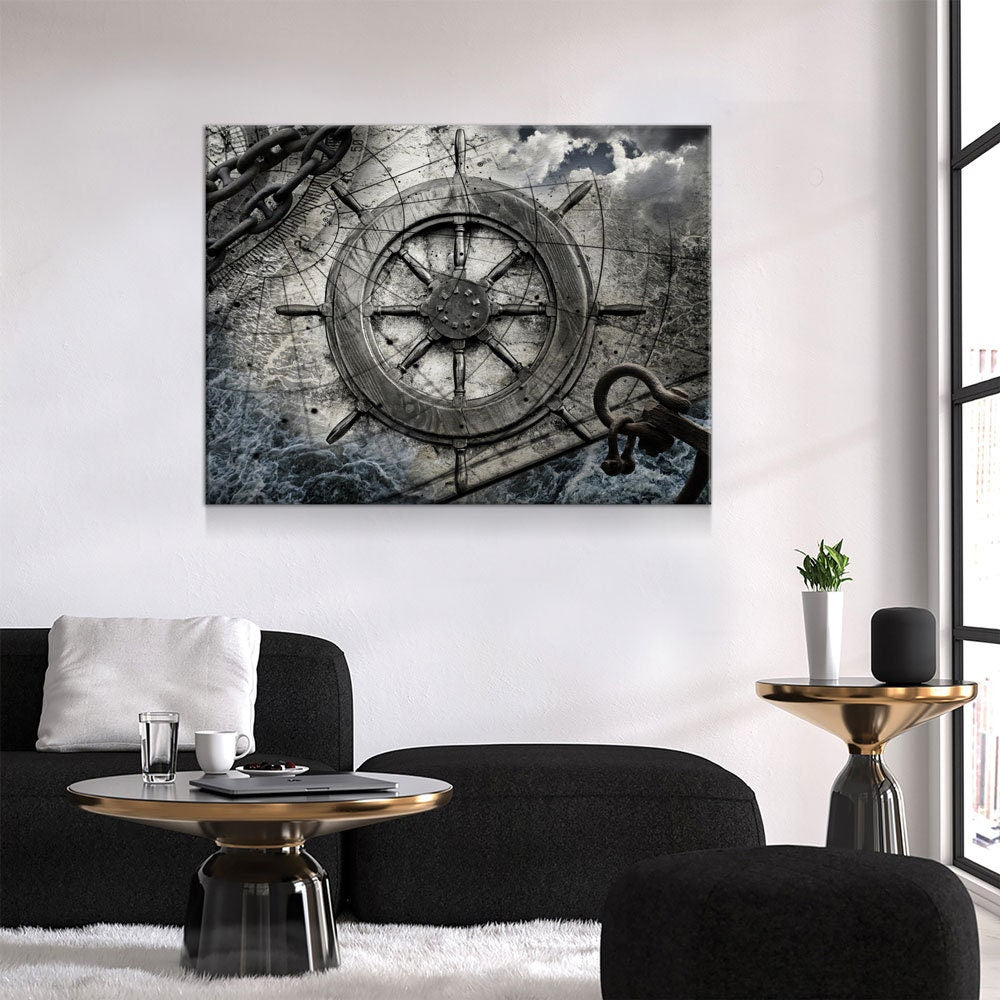 Captain Ships Wheel Canvas Wall Art, Fishing Boat, Ocean Boat, Nautical Decor, Ocean Decor, Sailor, 1 Piece Wall Art Set