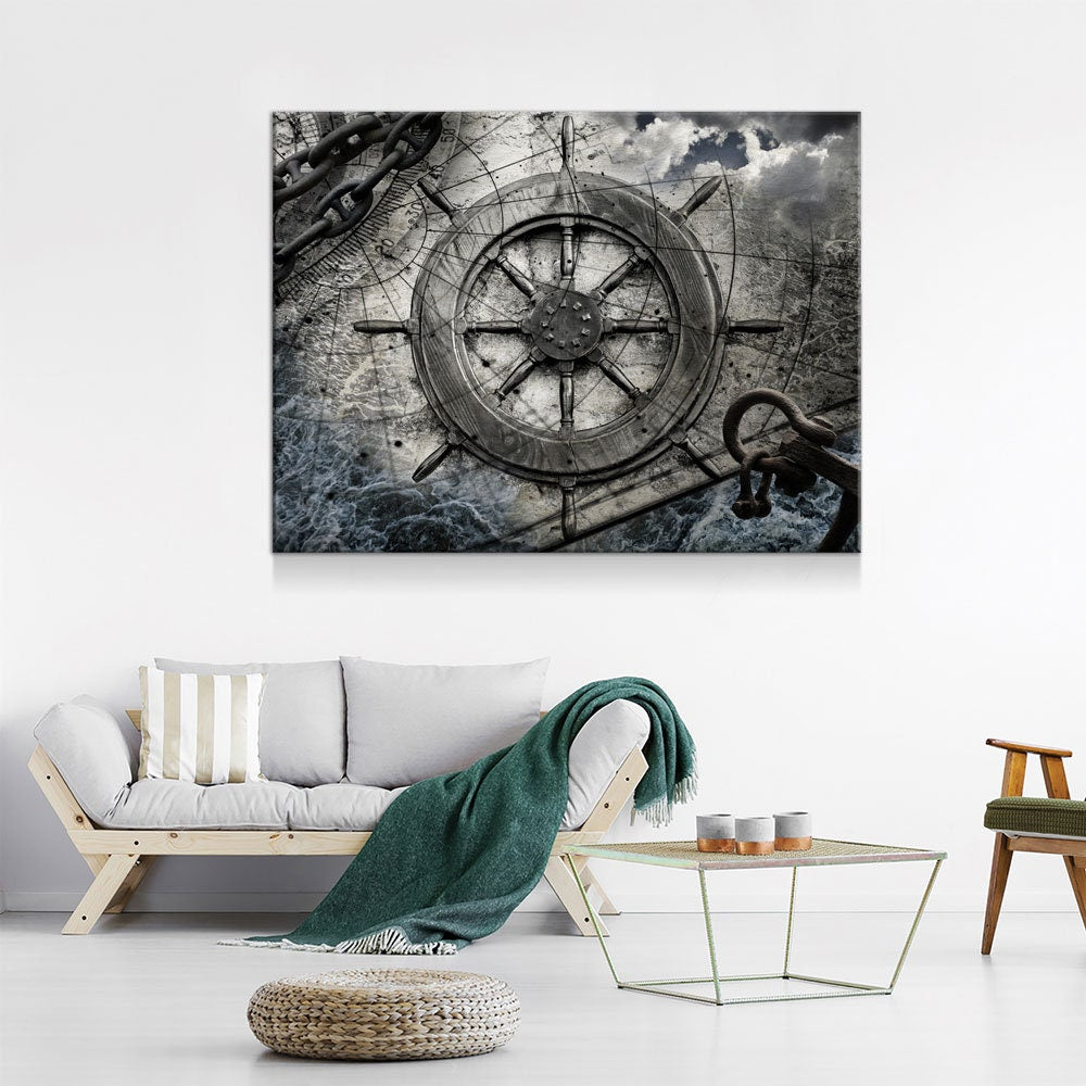 Captain Ships Wheel Canvas Wall Art, Fishing Boat, Ocean Boat, Nautical Decor, Ocean Decor, Sailor, 1 Piece Wall Art Set